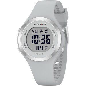 Unisex Grey Silicone Digital Sports Gold Bezel Water-Resistant Alarm Stopwatch